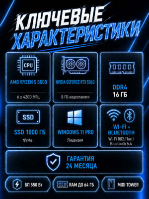 Игровой компьютер КВАНТ Белый — Ryzen 5 5500 / RTX 5060 8 GB / 16 GB DDR4 / 1 TB SSD — характеристики