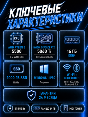 Игровой компьютер КВАНТ Белый — Ryzen 5 5500 / RTX 5060 Ti 16 GB / 16 GB DDR4 / 1 TB SSD — характеристики