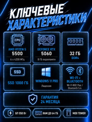 Игровой компьютер КВАНТ Белый — Ryzen 5 5500 / RTX 5060 8 GB / 32 GB DDR4 / 1 TB SSD — характеристики