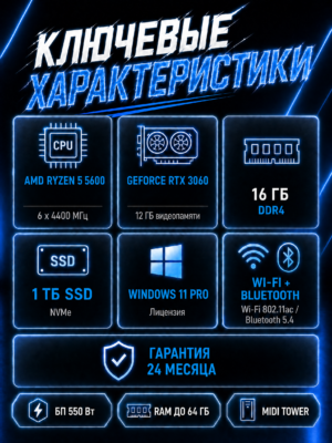 Игровой компьютер КВАНТ Белый — Ryzen 5 5600 / RTX 3060 / 16 GB DDR4 / 1 TB SSD — характеристики