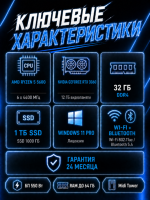 Игровой компьютер КВАНТ Белый — Ryzen 5 5600 / RTX 3060 / 32 GB DDR4 / 1 TB SSD — характеристики