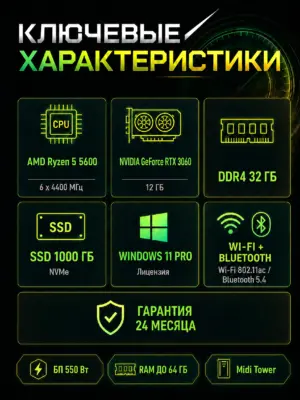 Игровой компьютер КВАНТ — Ryzen 5 5600 / RTX 3060 / 32 GB DDR4 / 1 TB SSD — характеристики