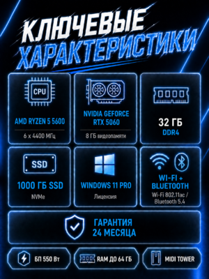 Игровой компьютер КВАНТ Белый — Ryzen 5 5600 / RTX 5060 8 GB / 32 GB DDR4 / 1 TB SSD — характеристики