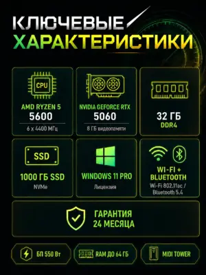 Игровой компьютер КВАНТ — Ryzen 5 5600 / RTX 5060 8 GB / 32 GB DDR4 / 1 TB SSD — характеристики