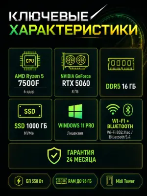Игровой компьютер КВАНТ — Ryzen 5 7500F / RTX 5060 8 GB / 16 GB DDR5 / 1 TB SSD — характеристики
