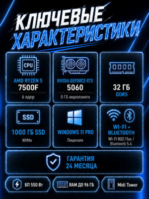 Игровой компьютер КВАНТ Белый — Ryzen 5 7500F / RTX 5060 8 GB / 32 GB DDR5 / 1 TB SSD — характеристики