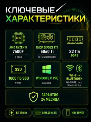 Игровой компьютер КВАНТ — Ryzen 5 7500F / RTX 5060 Ti 16 GB / 32 GB DDR5 / 1 TB SSD — характеристики