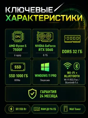 Игровой компьютер КВАНТ — Ryzen 5 7500F / RTX 5060 8 GB / 32 GB DDR5 / 1 TB SSD — характеристики