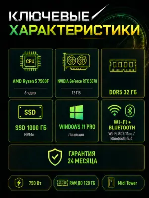 Игровой компьютер КВАНТ — Ryzen 5 7500F / RTX 5070 Ti 16 GB / 32 GB DDR5 / 1 TB SSD — характеристики