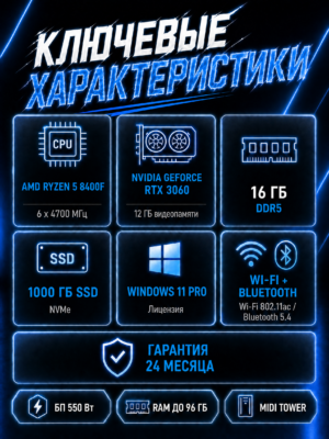 Игровой компьютер КВАНТ Белый — Ryzen 5 8400F / RTX 3060 / 16 GB DDR5 / 1 TB SSD — характеристики