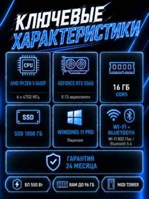 Игровой компьютер КВАНТ Белый — Ryzen 5 8400F / RTX 5060 8 GB / 16 GB DDR5 / 1 TB SSD — характеристики