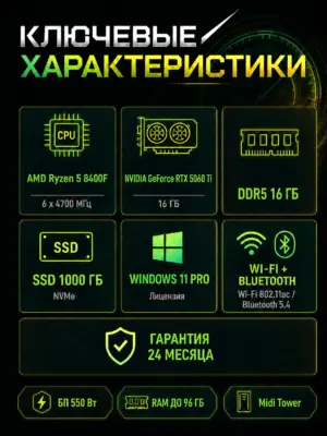 Игровой компьютер КВАНТ — Ryzen 5 8400F / RTX 5060 Ti 16 GB / 16 GB DDR5 / 1 TB SSD — характеристики