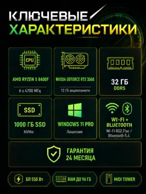 Игровой компьютер КВАНТ — Ryzen 5 8400F / RTX 3060 / 32 GB DDR5 / 1 TB SSD — характеристики