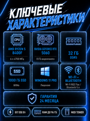 Игровой компьютер КВАНТ Белый — Ryzen 5 8400F / RTX 5060 8 GB / 32 GB DDR5 / 1 TB SSD — характеристики