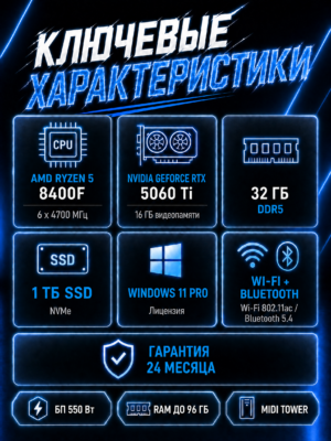 Игровой компьютер КВАНТ Белый — Ryzen 5 8400F / RTX 5060 Ti 16 GB / 32 GB DDR5 / 1 TB SSD — характеристики