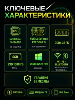 Игровой компьютер КВАНТ — Core i5-12400F / RTX 5060 Ti 16 GB / 32 GB DDR4 / 1 TB SSD — характеристики