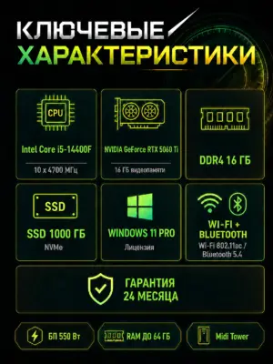 Игровой компьютер КВАНТ — Core i5-14400F / RTX 5060 Ti 16 GB / 16 GB DDR4 / 1 TB SSD — характеристики