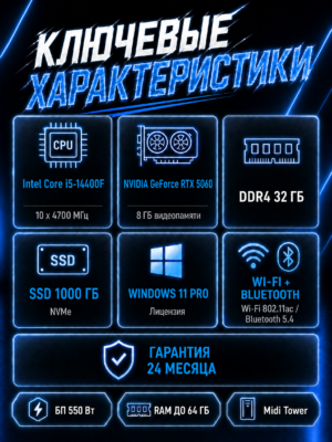 Игровой компьютер КВАНТ Белый — Core i5-14400F / RTX 5060 8 GB / 32 GB DDR4 / 1 TB SSD — характеристики