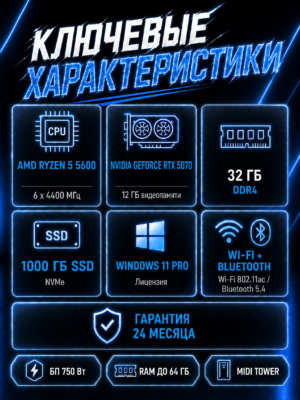 Игровой компьютер КВАНТ Белый — Ryzen 5 5600 / RTX 5070 12 GB / 32 GB DDR4 / 1 TB SSD — характеристики