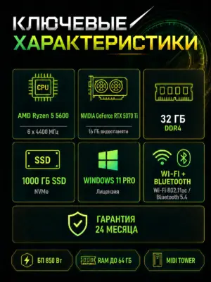 Игровой компьютер КВАНТ — Ryzen 5 5600 / RTX 5070 Ti 16 GB / 32 GB DDR4 / 1 TB SSD — характеристики