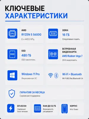 Офисный компьютер КВАНТ — Ryzen 5 5600G / AMD Vega 7 / 16 GB DDR4 / 480 GB SSD — характеристики