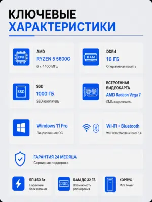 Офисный компьютер КВАНТ — Ryzen 5 5600G / AMD Vega 7 / 16 GB DDR4 / 1 TB SSD — характеристики