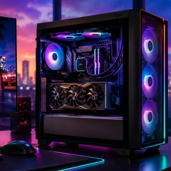Игровой ПК с RGB-подсветкой на фоне ночного неонового Майами — сборка для GTA 6