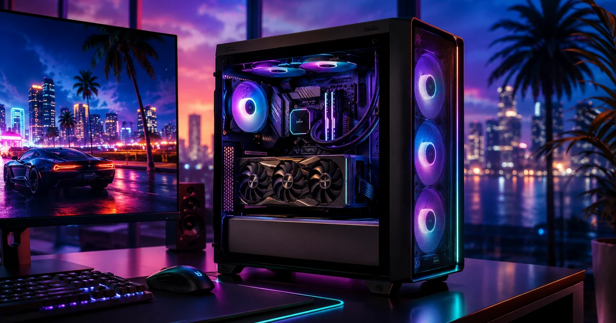 Игровой ПК с RGB-подсветкой на фоне ночного неонового Майами — сборка для GTA 6
