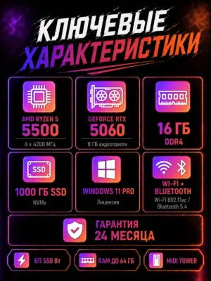 Игровой компьютер КВАНТ — Ryzen 5 5500 / RTX 5060 8 GB / 16 GB DDR4 / 1 TB SSD (стекло) — характеристики