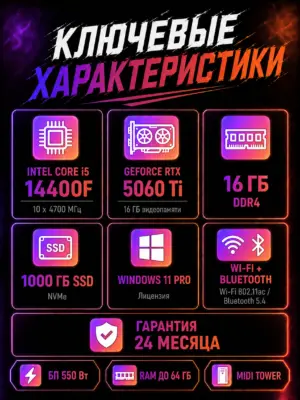 Игровой компьютер КВАНТ — Core i5-14400F / RTX 5060 Ti 16 GB / 16 GB DDR4 / 1 TB SSD (стекло) — характеристики