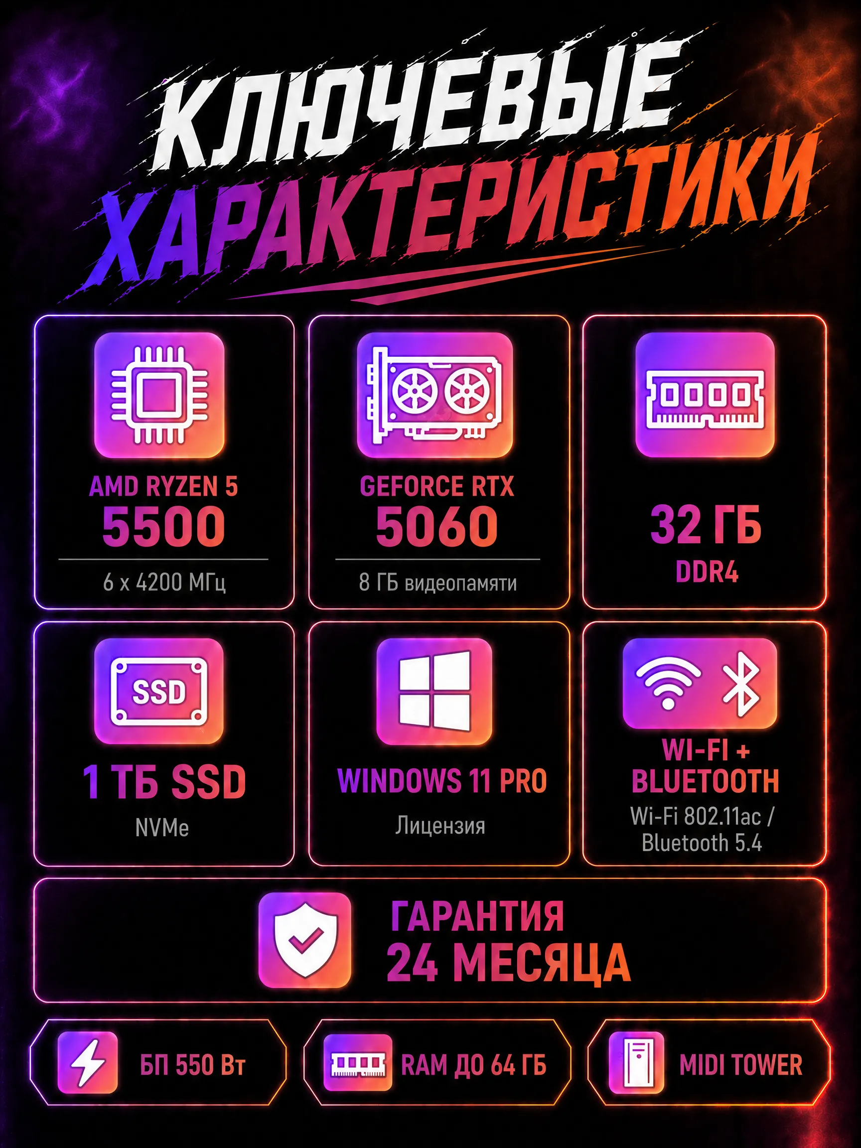 Игровой компьютер КВАНТ — Ryzen 5 5600 / RTX 5060 8 GB / 32 GB DDR4 / 1 TB SSD (стекло) — характеристики
